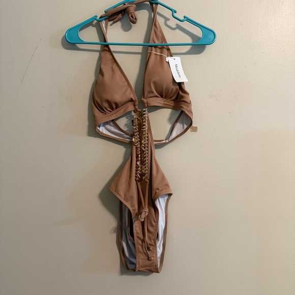 Modihito tan Bikini with gold Belly Chain NWT Sz Medium Vacation Spring Break - Picture 1 of 6